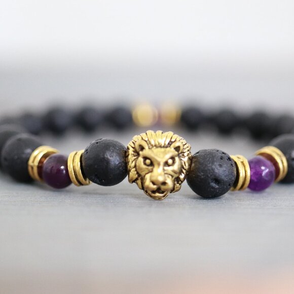 Buy Lion Men Black Lava Gemstone Beads/Amethyst with Gold Lion Charm Beads Stainless Steel